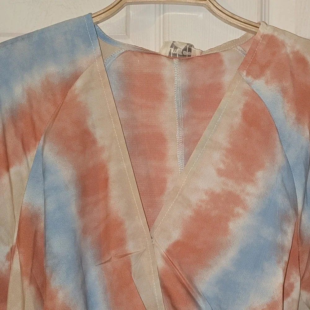 Umgee Womens Orange Blue Tie Dye Surplice V-Neck Ruffle Mini Dress Large NWT